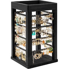 Emfogo Earring Organizer, Rustic Wood Earring Stand, 4 Tiers Earring Holder Organizer Stand with 192 Earring Tree Holes Display for Stud Earrings, Hoop Earrings & Necklaces, Women Gifts