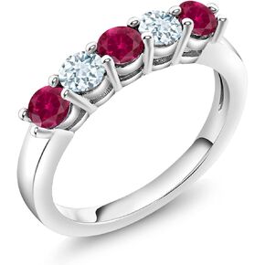 Gem Stone King 925 Sterling Silver Red Created Ruby and Sky Blue Aquamarine 5-Stone Wedding Anniversary Band Ring For Women (1.09 Cttw, Gemstone July Birthstone, Available In Size 5, 6, 7, 8, 9)