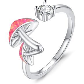 OHAYOO Mushroom Ring Adjustable S925 Sterling Silver Mushroom Red Opal Open Ring Cute Opal Jewelry Gifts For Women