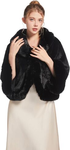 RomanticDesign Women's Short Faux Fur Outerwear Fluffy Bridal Wedding Shawl Winter Warm Cloak in Kuwait