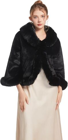 RomanticDesign Women's Short Faux Fur Outerwear Fluffy Bridal Wedding Shawl Winter Warm Cloak in Kuwait