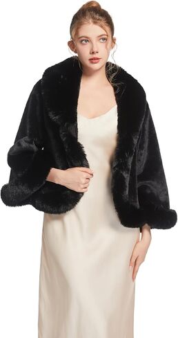 RomanticDesign Women's Short Faux Fur Outerwear Fluffy Bridal Wedding Shawl Winter Warm Cloak in Kuwait