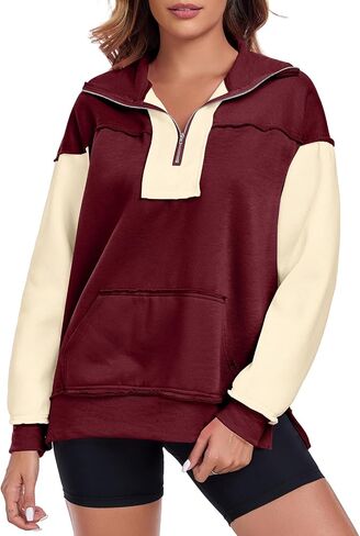 ALSOGO Women's Half Zip Oversized Sweatshirts Fleece Long Sleeve Colorblock Casual Pullover with Pockets Fall Fashion 2024 in Saudi Arabia