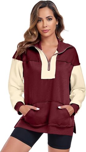 ALSOGO Women's Half Zip Oversized Sweatshirts Fleece Long Sleeve Colorblock Casual Pullover with Pockets Fall Fashion 2024 in Saudi Arabia