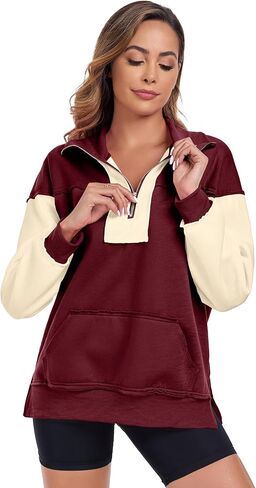 ALSOGO Women's Half Zip Oversized Sweatshirts Fleece Long Sleeve Colorblock Casual Pullover with Pockets Fall Fashion 2024 in Saudi Arabia