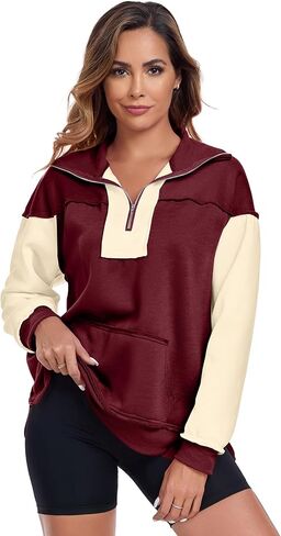 ALSOGO Women's Half Zip Oversized Sweatshirts Fleece Long Sleeve Colorblock Casual Pullover with Pockets Fall Fashion 2024 in Saudi Arabia