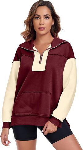 ALSOGO Women's Half Zip Oversized Sweatshirts Fleece Long Sleeve Colorblock Casual Pullover with Pockets Fall Fashion 2024 in Saudi Arabia