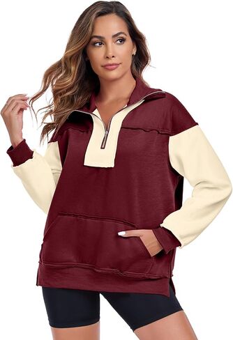 ALSOGO Women's Half Zip Oversized Sweatshirts Fleece Long Sleeve Colorblock Casual Pullover with Pockets Fall Fashion 2024 in Saudi Arabia