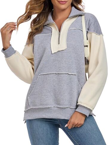 ALSOGO Women's Half Zip Oversized Sweatshirts Fleece Long Sleeve Colorblock Casual Pullover with Pockets Fall Fashion 2024 in Saudi Arabia