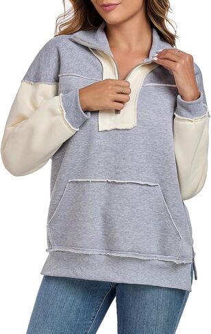 ALSOGO Women's Half Zip Oversized Sweatshirts Fleece Long Sleeve Colorblock Casual Pullover with Pockets Fall Fashion 2024 in Saudi Arabia