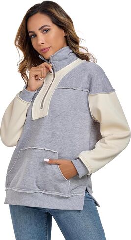 ALSOGO Women's Half Zip Oversized Sweatshirts Fleece Long Sleeve Colorblock Casual Pullover with Pockets Fall Fashion 2024 in Saudi Arabia