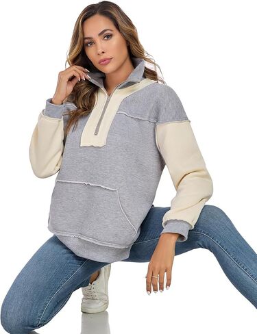 ALSOGO Women's Half Zip Oversized Sweatshirts Fleece Long Sleeve Colorblock Casual Pullover with Pockets Fall Fashion 2024 in Saudi Arabia