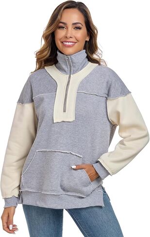 ALSOGO Women's Half Zip Oversized Sweatshirts Fleece Long Sleeve Colorblock Casual Pullover with Pockets Fall Fashion 2024 in Saudi Arabia