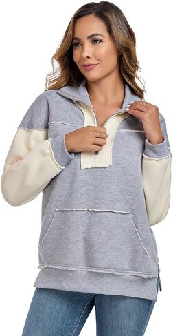 ALSOGO Women's Half Zip Oversized Sweatshirts Fleece Long Sleeve Colorblock Casual Pullover with Pockets Fall Fashion 2024 in Saudi Arabia