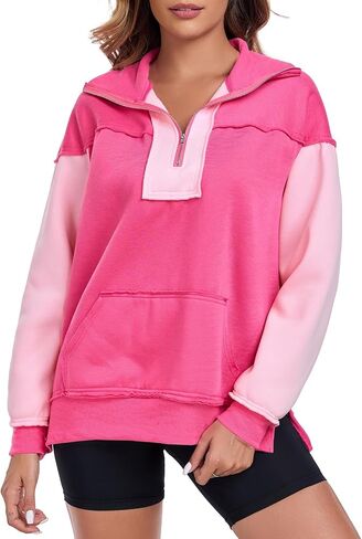 ALSOGO Women's Half Zip Oversized Sweatshirts Fleece Long Sleeve Colorblock Casual Pullover with Pockets Fall Fashion 2024 in Saudi Arabia