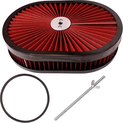 12x2 inch Oval Chrome Air Cleaner Filter Assembly 5-1/8" Carb Neck w/Flow-Thru Lid High Flow Compatible For GMC Chevy Ford Chryler Dodge Fit For 5-1/8" carburetor neck (RED) (Black) in Saudi Arabia