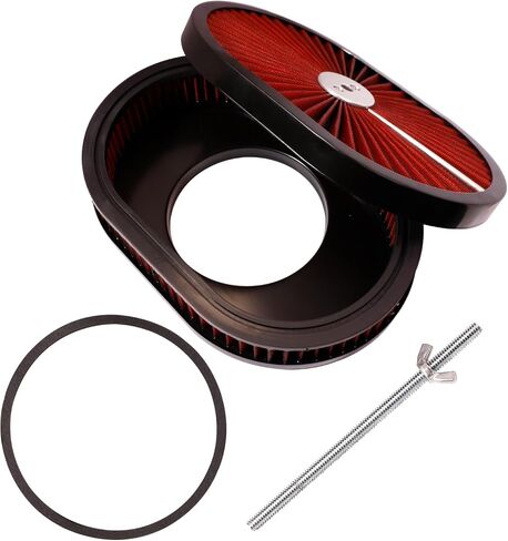 12x2 inch Oval Chrome Air Cleaner Filter Assembly 5-1/8" Carb Neck w/Flow-Thru Lid High Flow Compatible For GMC Chevy Ford Chryler Dodge Fit For 5-1/8" carburetor neck (RED) (Black) in Saudi Arabia