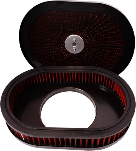 12x2 inch Oval Chrome Air Cleaner Filter Assembly 5-1/8" Carb Neck w/Flow-Thru Lid High Flow Compatible For GMC Chevy Ford Chryler Dodge Fit For 5-1/8" carburetor neck (RED) (Black) in Saudi Arabia