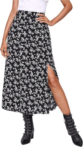 Floerns Women's Boho Floral High Waist Split A Line Midi Skirt Burgundy Large in Kuwait