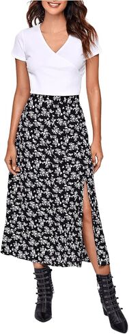 Floerns Women's Boho Floral High Waist Split A Line Midi Skirt Burgundy Large in Kuwait