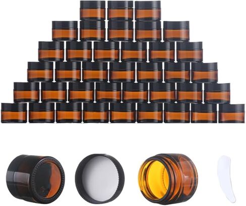 OverNews 48PCS 1oz Amber Glass Jar, Empty Cosmetic Lotion Containers,with Inner Liners,Black Lid, Spatula in Saudi Arabia