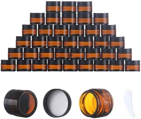 OverNews 48PCS 1oz Amber Glass Jar, Empty Cosmetic Lotion Containers,with Inner Liners,Black Lid, Spatula in Saudi Arabia