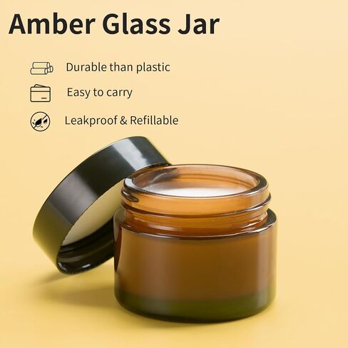 OverNews 48PCS 1oz Amber Glass Jar, Empty Cosmetic Lotion Containers,with Inner Liners,Black Lid, Spatula in Saudi Arabia