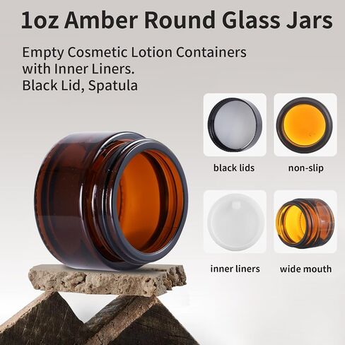 OverNews 48PCS 1oz Amber Glass Jar, Empty Cosmetic Lotion Containers,with Inner Liners,Black Lid, Spatula in Saudi Arabia