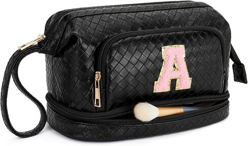 حقيبة مكياج تيلينا ذات سعة كبيرة للسفر وحقائب مستحضرات التجميل بطبقة مزدوجة من الجلد المحمول للنساء باللون البيج والبني in Kuwait