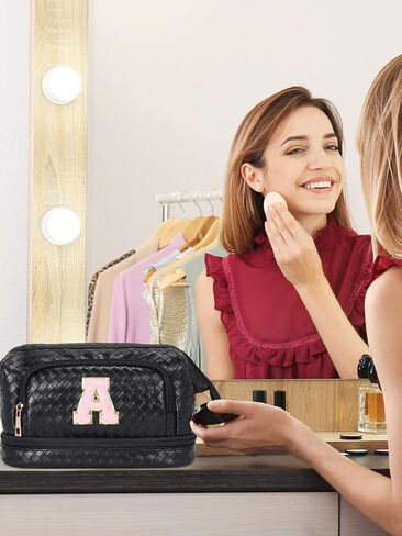 حقيبة مكياج تيلينا ذات سعة كبيرة للسفر وحقائب مستحضرات التجميل بطبقة مزدوجة من الجلد المحمول للنساء باللون البيج والبني in Kuwait