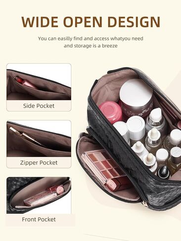 حقيبة مكياج تيلينا ذات سعة كبيرة للسفر وحقائب مستحضرات التجميل بطبقة مزدوجة من الجلد المحمول للنساء باللون البيج والبني in Kuwait