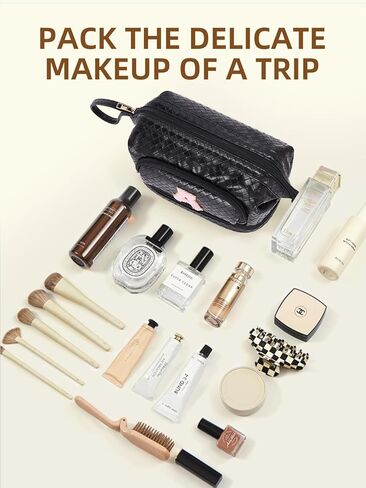 حقيبة مكياج تيلينا ذات سعة كبيرة للسفر وحقائب مستحضرات التجميل بطبقة مزدوجة من الجلد المحمول للنساء باللون البيج والبني in Kuwait