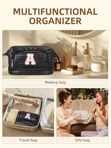 حقيبة مكياج تيلينا ذات سعة كبيرة للسفر وحقائب مستحضرات التجميل بطبقة مزدوجة من الجلد المحمول للنساء باللون البيج والبني in Kuwait