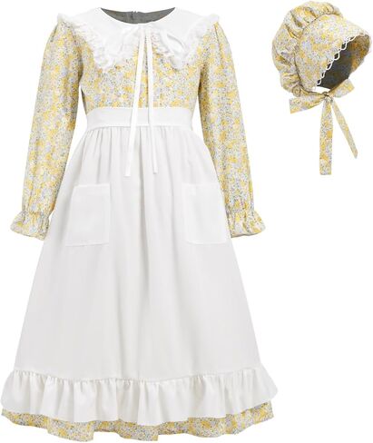 Prairie Dress Girls Pioneer Colonial Costume Floral 1800s Pilgrim Costume with Apron and Bonnet in Kuwait