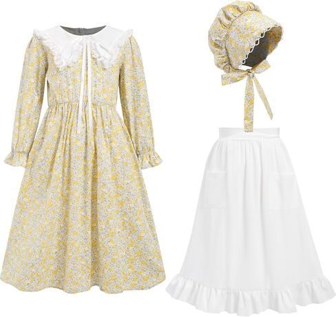 Prairie Dress Girls Pioneer Colonial Costume Floral 1800s Pilgrim Costume with Apron and Bonnet in Kuwait