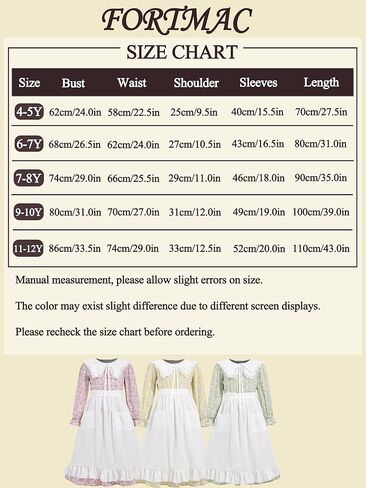 Prairie Dress Girls Pioneer Colonial Costume Floral 1800s Pilgrim Costume with Apron and Bonnet in Kuwait