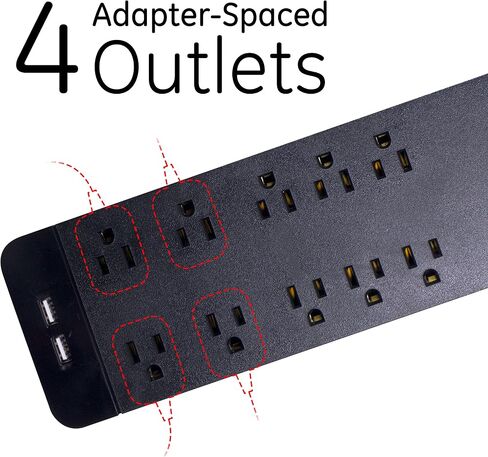 GE Surge Protector, 7 Outlet Power Strip, 2 USB Charging Ports, 4 ft Extension Cord, Extra Wide Adapter Spaced Outlet, Total 10W USB Charging, Flat Plug, 1500 Joules, UL Listed, Black, 25795 in Saudi Arabia