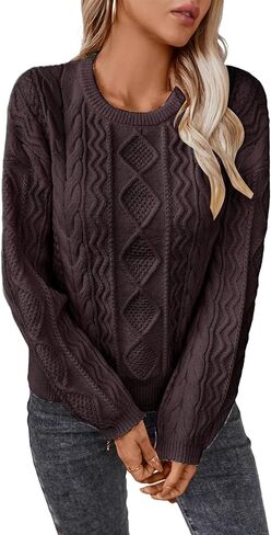 Women's Fall Winter Long Sleeve Cable Knit Crew Neck Loose Casual Pullover Sweater Jumper Tops in Saudi Arabia