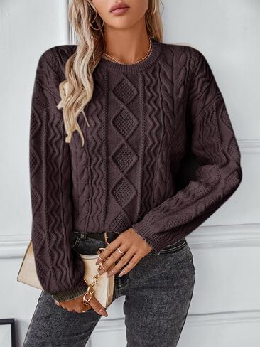 Women's Fall Winter Long Sleeve Cable Knit Crew Neck Loose Casual Pullover Sweater Jumper Tops in Saudi Arabia