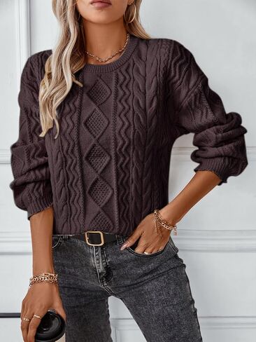 Women's Fall Winter Long Sleeve Cable Knit Crew Neck Loose Casual Pullover Sweater Jumper Tops in Saudi Arabia