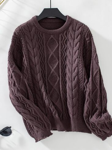 Women's Fall Winter Long Sleeve Cable Knit Crew Neck Loose Casual Pullover Sweater Jumper Tops in Saudi Arabia