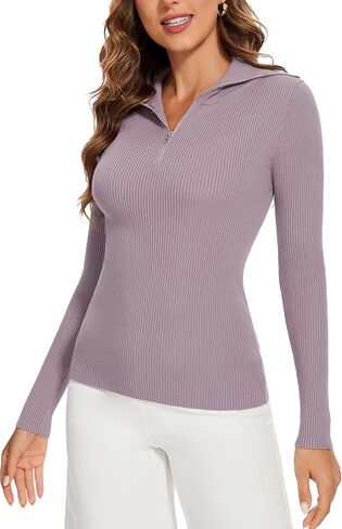 Women's 2024 Fall Quarter Zip Lapel V Neck Long Sleeve Ribbed Knit Casual Slim Pullover Sweater Tops in Kuwait