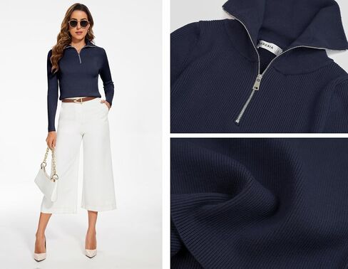 Women's 2024 Fall Quarter Zip Lapel V Neck Long Sleeve Ribbed Knit Casual Slim Pullover Sweater Tops in Kuwait
