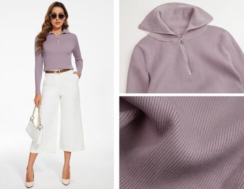 Women's 2024 Fall Quarter Zip Lapel V Neck Long Sleeve Ribbed Knit Casual Slim Pullover Sweater Tops in Kuwait