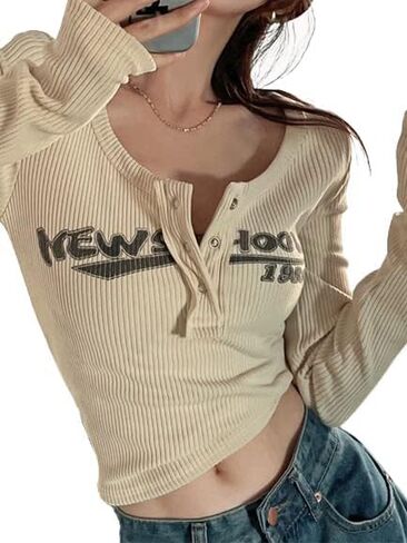EMMIOL Summer Tops for Women Y2k Clothing Long Sleeve Henley Shirts Slim Fit Ribbed Crop Top in Saudi Arabia