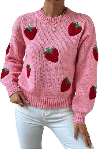 SHENHE Women's Cute Strawberry Print Crew Neck Drop Shoulder Sweater Pullover Top in Saudi Arabia