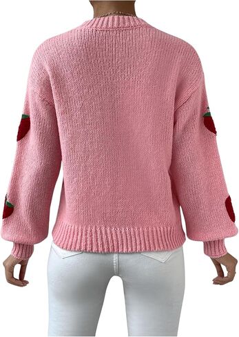 SHENHE Women's Cute Strawberry Print Crew Neck Drop Shoulder Sweater Pullover Top in Saudi Arabia