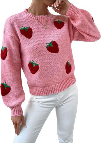 SHENHE Women's Cute Strawberry Print Crew Neck Drop Shoulder Sweater Pullover Top in Saudi Arabia