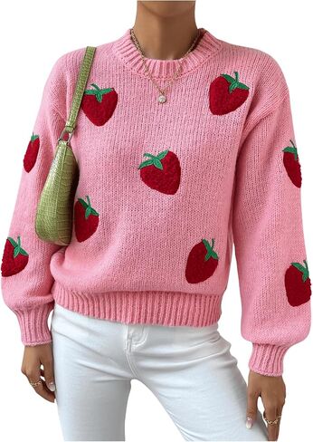 SHENHE Women's Cute Strawberry Print Crew Neck Drop Shoulder Sweater Pullover Top in Saudi Arabia