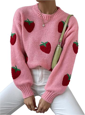 SHENHE Women's Cute Strawberry Print Crew Neck Drop Shoulder Sweater Pullover Top in Saudi Arabia